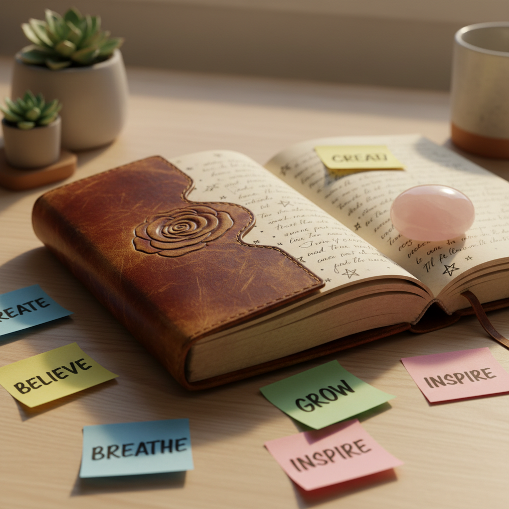 A sturdy, well-worn leather journal with a rose-embossed cover lies open on a light birch wood desk, its pages filled with handwritten affirmations and tiny doodled stars. A smooth, rose quartz stone rests on one page, catching the light with a subtle glow. Around it, colorful sticky notes with single empowering words curl slightly at the edges. Soft morning light flows through an unseen nearby window, creating gentle shadows and warm highlights. The composition is shot from a slightly elevated angle using shallow depth of field, keeping the journal and stone in sharp focus while the rest of the workspace softly blurs. The atmosphere feels encouraging, creative, and playfully introspective, captured in clean, bright photographic realism.