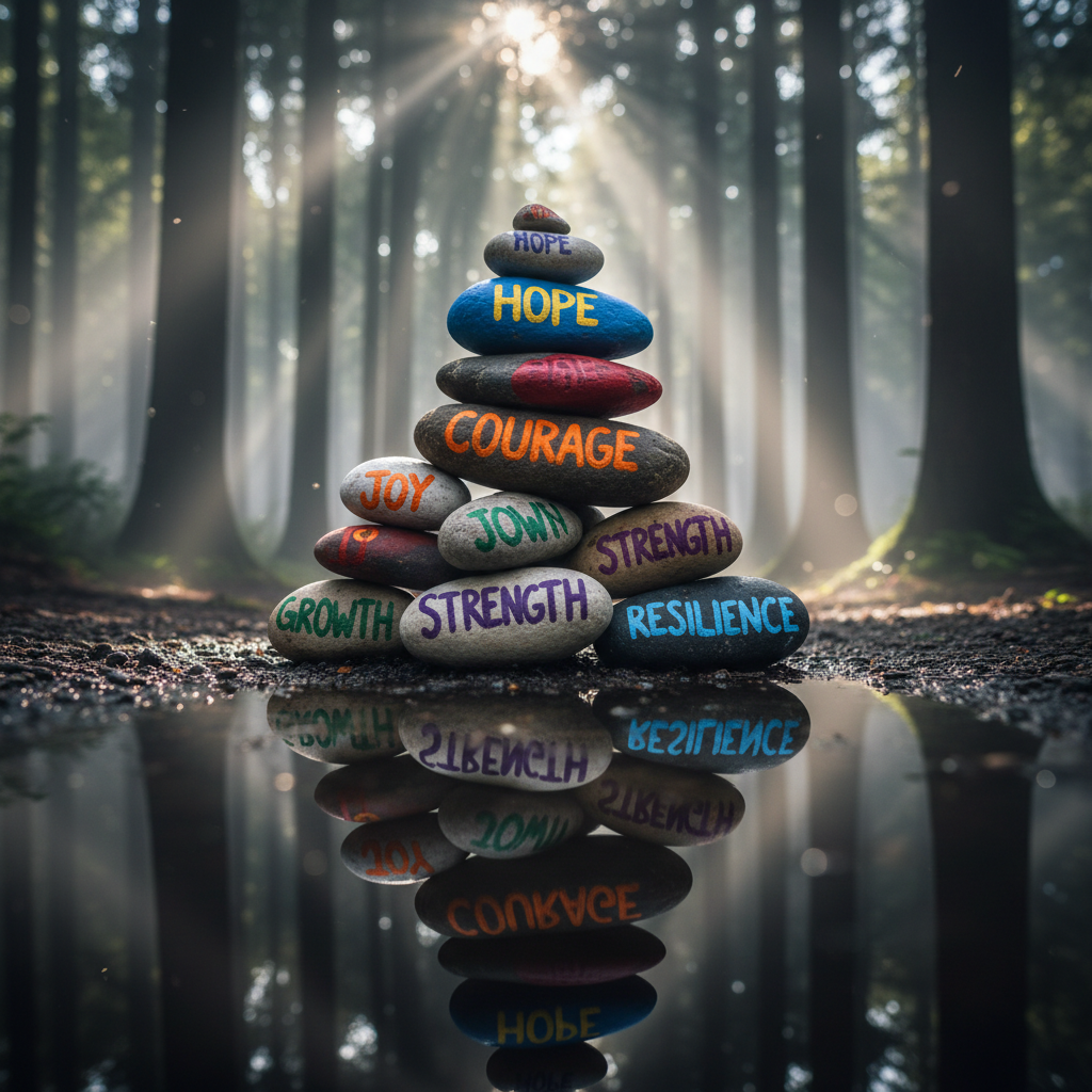 A sturdy mountain-like stack of colorful, uneven stones rises confidently from a smooth, reflective puddle on a quiet forest path. Each stone is painted with a single bold word such as “hope,” “courage,” or “joy,” in playful, hand-lettered script, their edges slightly chipped, showing use and resilience. Mist curls low along the forest floor, while sunbeams pierce through tall trees in the background, creating radiant shafts of light and soft bokeh. Photographed from a low, slightly angled perspective, the composition emphasizes the upward climb of the stones against the towering trees. The mood is powerful yet gentle, evoking inner strength and grounded empowerment, captured with high-contrast, richly detailed photographic realism.