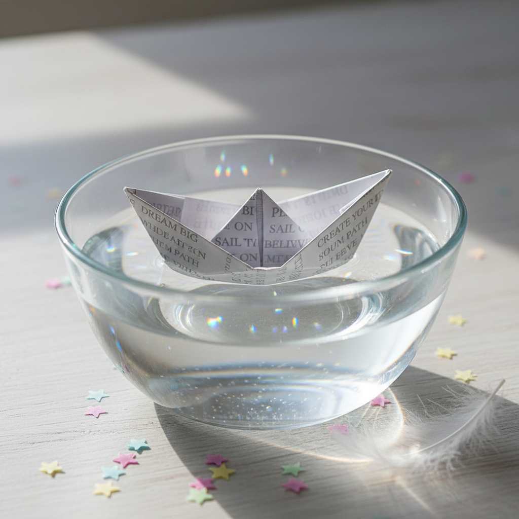 A small paper origami boat, folded from a page filled with faintly printed inspirational phrases, floats confidently at the center of a clear glass bowl of water. Tiny, playful ripples radiate outward from the boat, reflecting rainbow flecks from sunlight streaming through a prism hanging off-frame. The bowl rests on a pale, painted wooden table with scattered pastel confetti stars and a single delicate feather. Captured at eye level with a tight, centered composition and shallow depth of field, the focus is on the textured folds of the paper and glistening water surface. The lighting is bright and optimistic, with soft natural daylight casting gentle reflections. The overall mood is hopeful, whimsical, and empowering, rendered in vivid photographic realism.